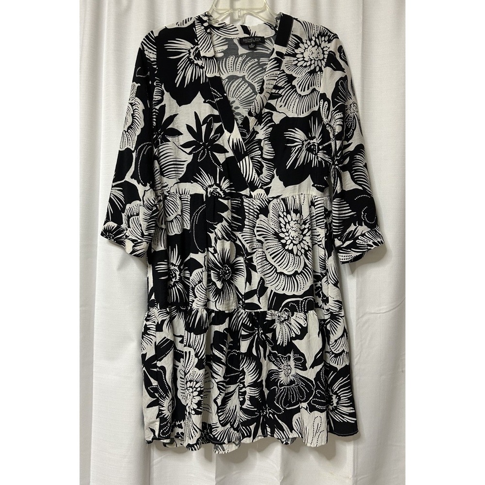 Rachel Zoe Black White Floral Shift Dress 3/4 Sleeve S Casual